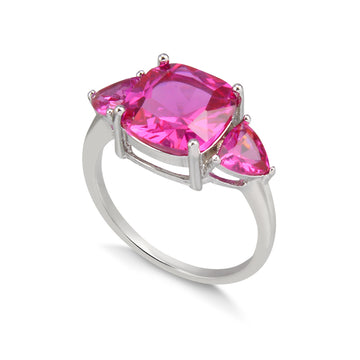 Anel quadrado e triângulo turmalina rosa com banho de ródio branco