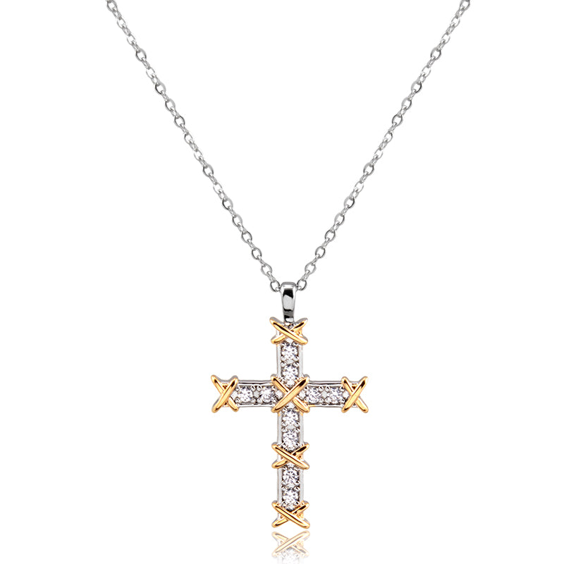 Colar crucifixo cravejado detalhe X dourado e banho de ródio branco