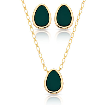 Conjunto gota com resina verde e banho de ouro 18k