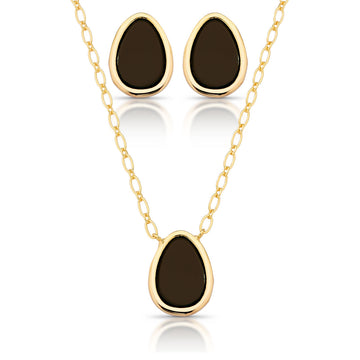 Conjunto gota com resina marrom banho de ouro 18k