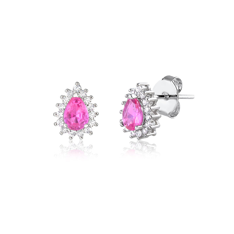 Brinco gota princess turmalina rosa entorno cravejado com banho de ródio branco