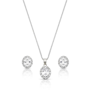 Conjunto oval com zircônia cristal entorno cravejado com banho de ródio branco