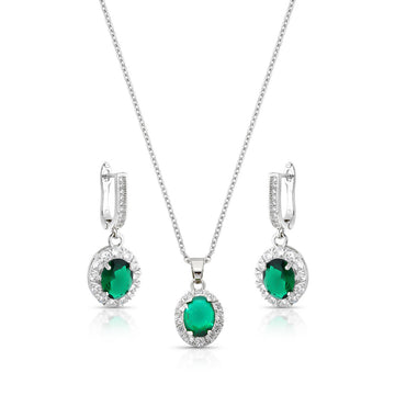 Conjunto esmeralda oval com zircônia entorno cravejado com banho de ródio branco