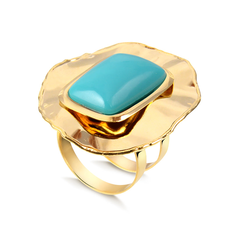 Anel oval orgânico maxi com retângulo turquesa e banho de ouro 18k