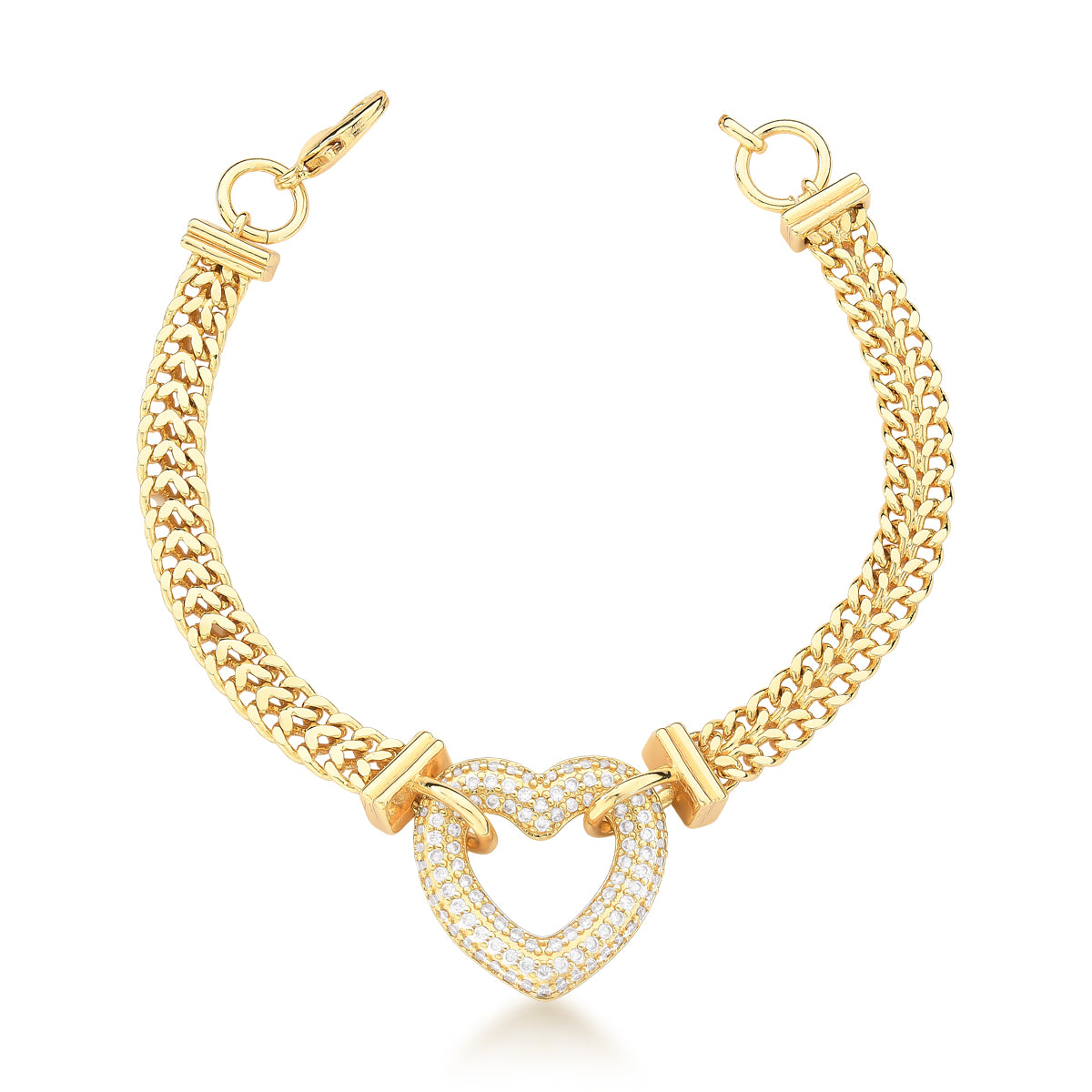 Pulseira trama com coração vazado cravejado dourado