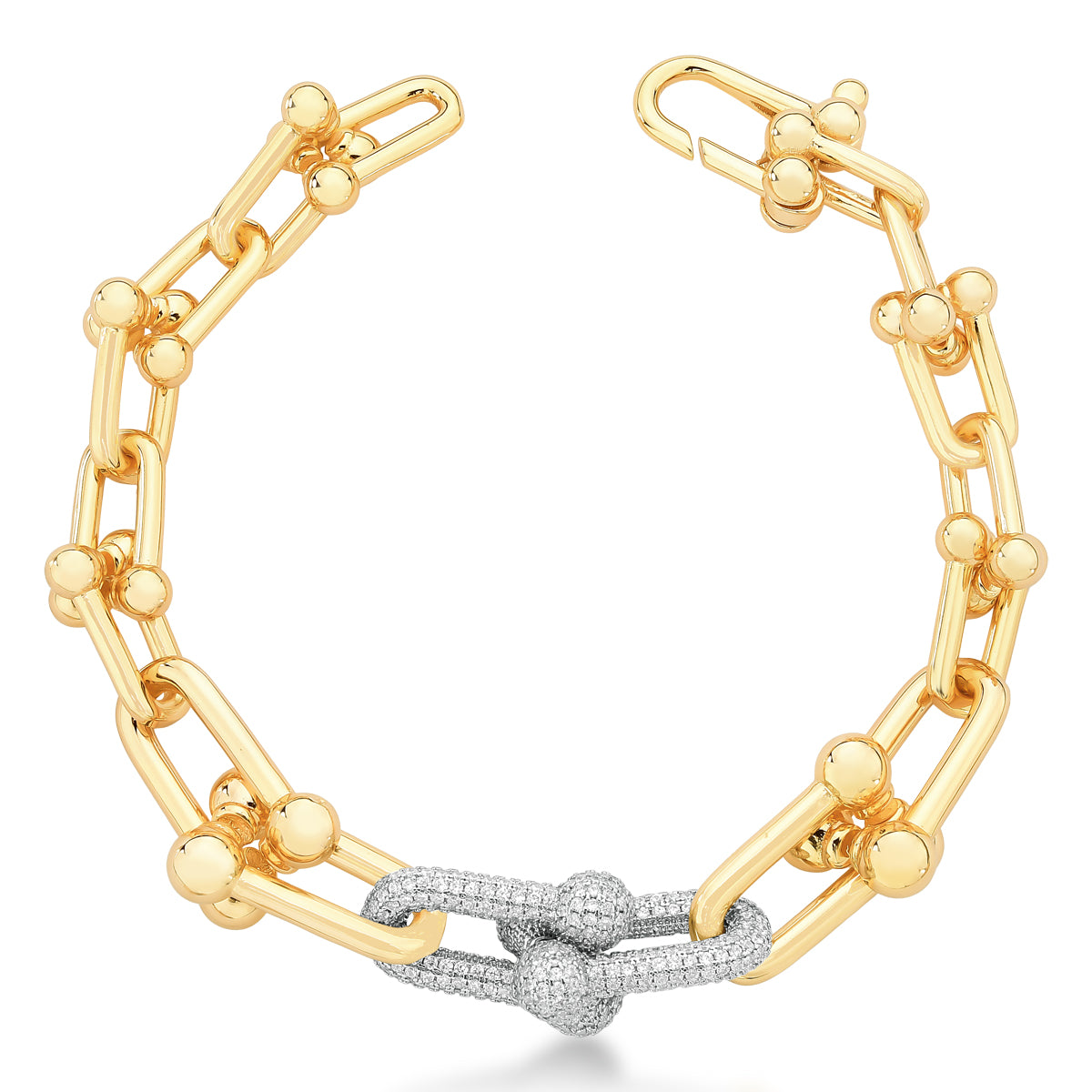 Pulseira elos modernos com elos lisos e cravejados dourada