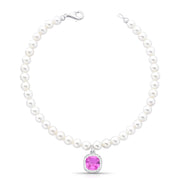 Pulseira prata 925 pérolas com quadrado turmalina rosa