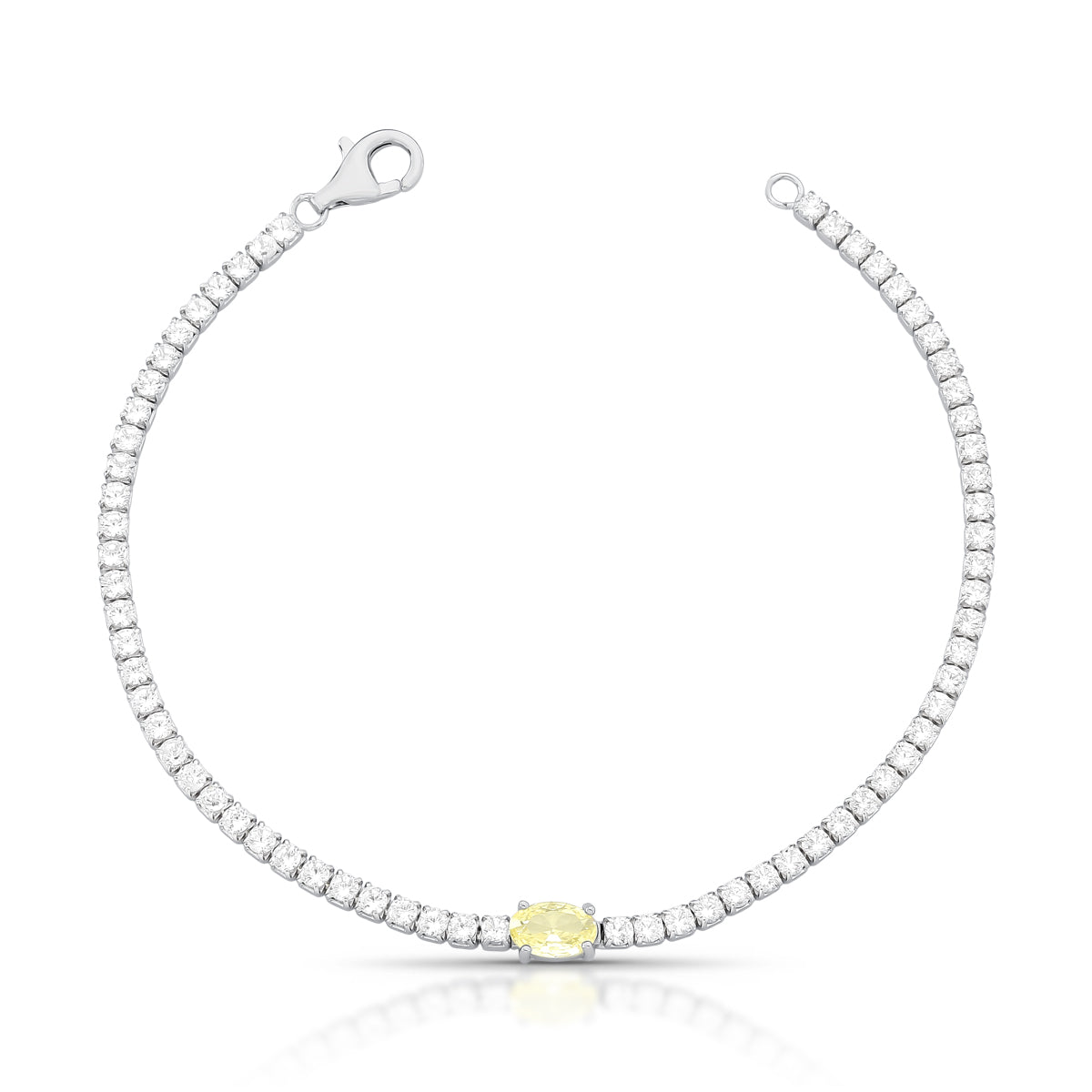 Pulseira riviera em prata 925 com zircônia cristal e oval na cor citrino com fecho lagosta e banho de ródio branco