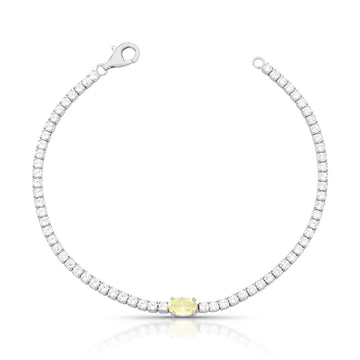 Pulseira riviera em prata 925 com zircônia cristal e oval na cor citrino com fecho lagosta e banho de ródio branco
