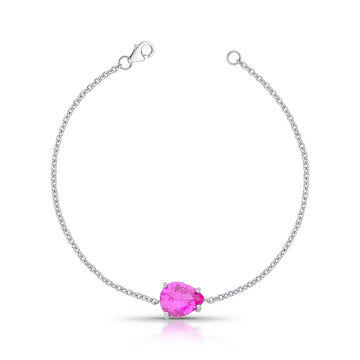 Pulseira prata 925 com gota zircônia na cor turmalina rosa e banho de ródio branco