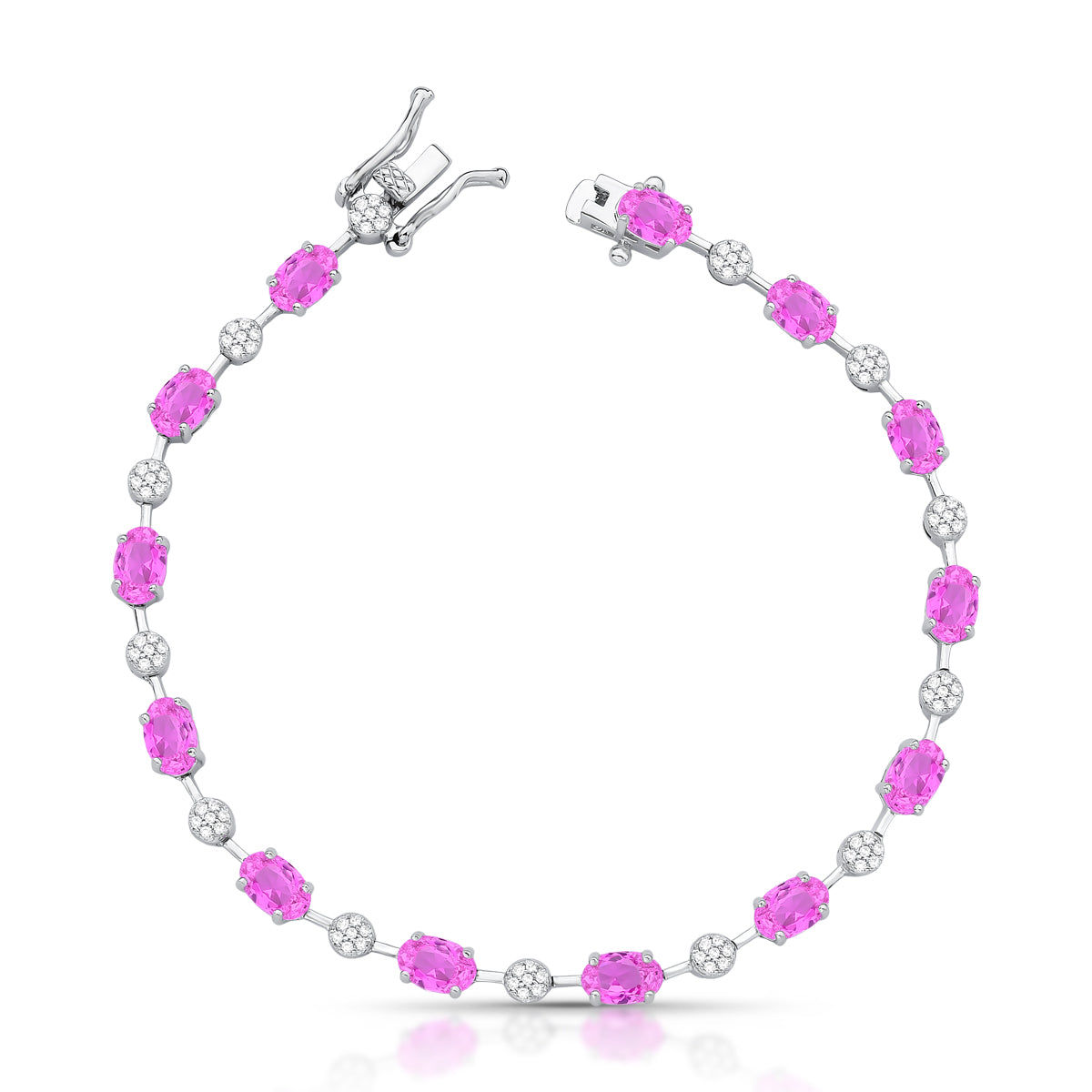 Pulseira riviera zircônias turmalina rosa e cristal e banho de ródio branco