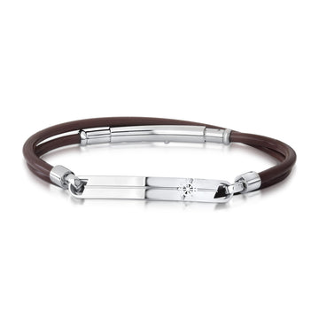 Pulseira masculina courino marrom com detalhe em aço