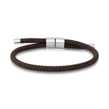 Pulseira masculina aço com fio entrelaçado marrom regulável