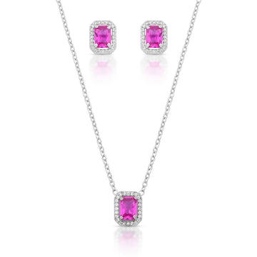 Conjunto retangular com zircônia turmalina rosa entorno cravejado e banho de ródio branco