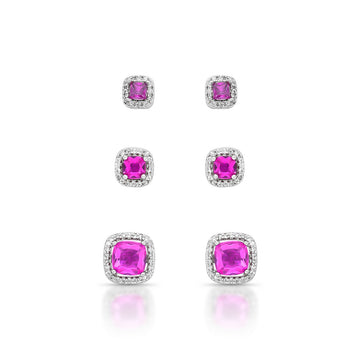Trio de brincos quadrados com zircônia turmalina rosa entorno cravejado com banho de ródio branco