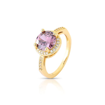 Anel zircônia rhodolite com entorno cravejado e banho de ouro 18k