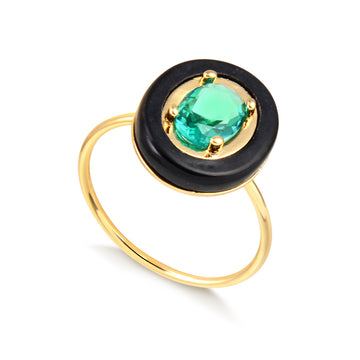 Anel oval turmalina com resina preta com banho de ouro 18k