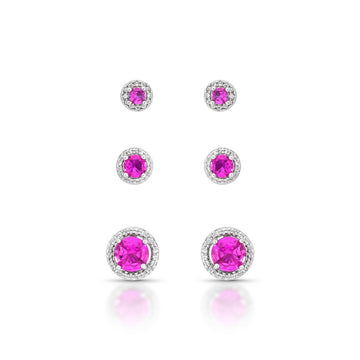 Trio de brincos ovais com zircônia turmalina rosa entorno cravejado com banho de ródio branco