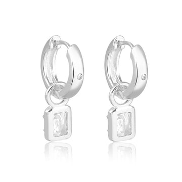 Brinco argola com pingente zircônia cristal com banho de ródio branco