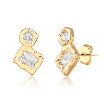 Brinco retângulo e oval orgânico com zircônia cristal e banho de ouro 18k