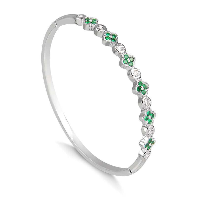 Pulseira bracelete trevos esmeralda com banho de ródio branco