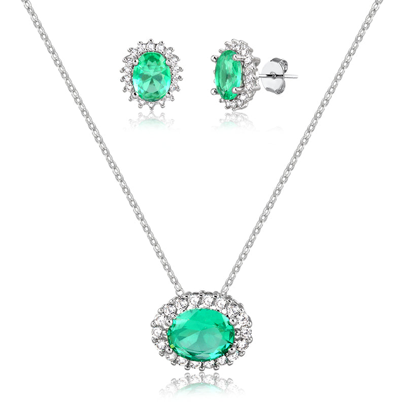 Conjunto oval turmalina entorno cravejado com banho de ródio branco