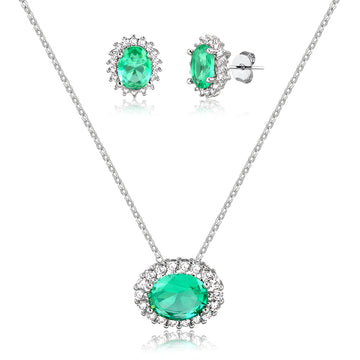 Conjunto oval turmalina entorno cravejado com banho de ródio branco