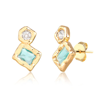 Brinco retângulo topázio e oval orgânico com zircônia cristal e banho de ouro 18k