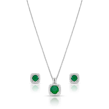 Conjunto quadrado com zircônia esmeralda, entorno cravejado e banho de ródio branco
