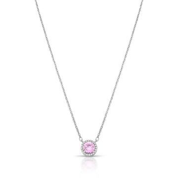 Colar zircônia rosa com entorno cravejado e banho de ródio branco
