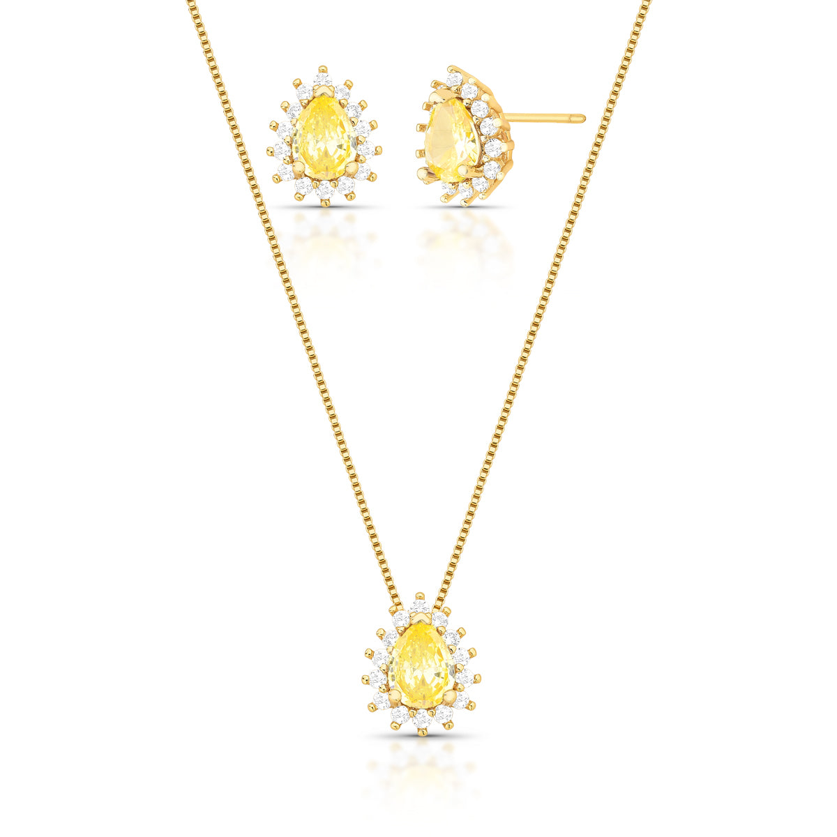 Conjunto gota citrino entorno cravejado com banho de ouro 18k