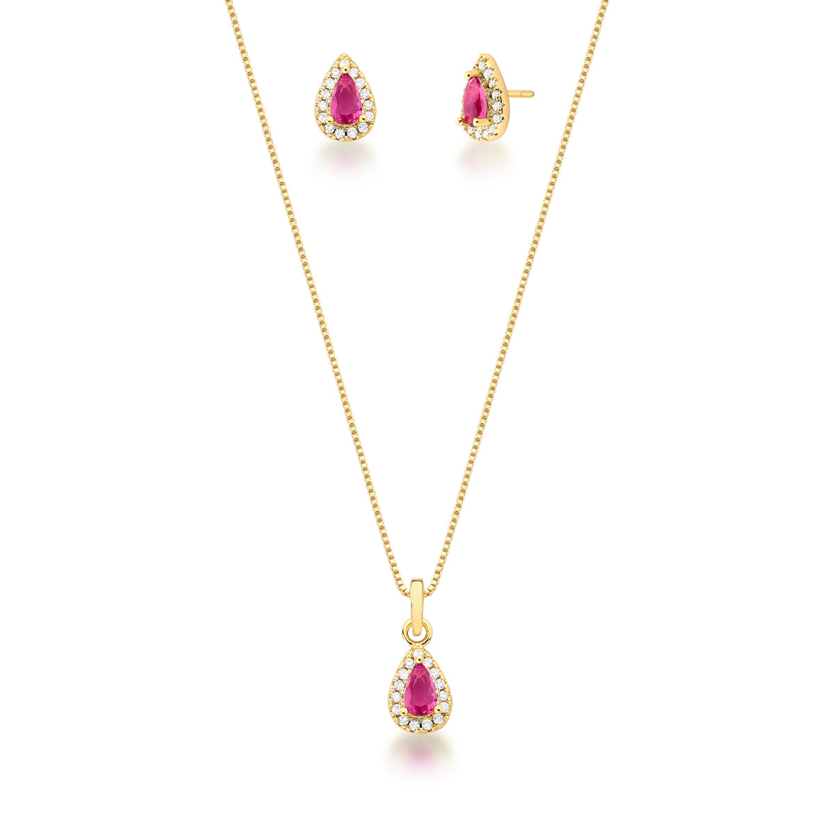 Conjunto gotinha turmalina rosa entorno cravejado com banho de ouro 18k