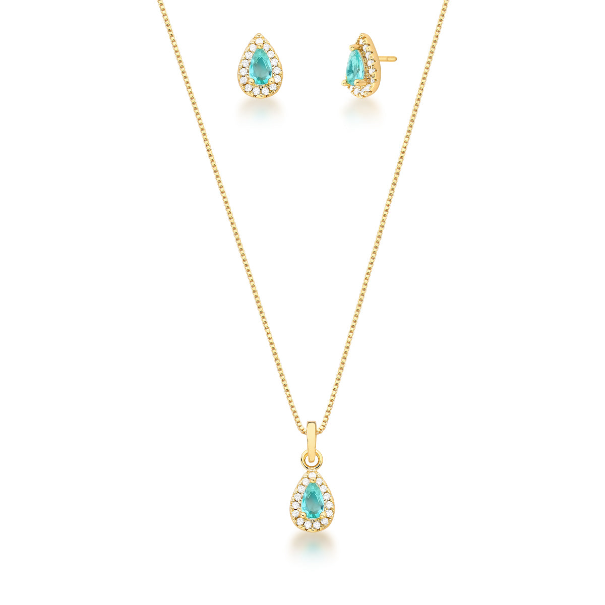 Conjunto gotinha turmalina entorno cravejado com banho de ouro 18k