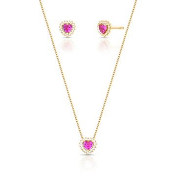 Conjunto coração turmalina rosa entorno cravejado com banho de ouro 18k