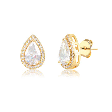 Brinco gota G com zircônia cristal, entorno cravejado e banho de ouro 18k