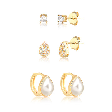 Brinco trio argola gota, gotinha cravejada e ponto de luz com banho de ouro 18k