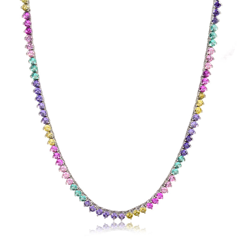 Colar riviera 3 garras com zircônias coloridas trama rígida 3mm 42cm e banho de ródio branco