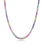 Colar riviera 3 garras com zircônias coloridas trama rígida 3mm 40cm e banho de ródio branco