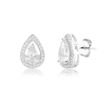Brinco gota G com zircônia cristal, entorno cravejado e banho de ródio branco