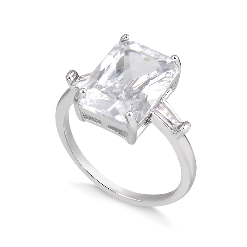 Anel maxi retângulo cristal com banho de ródio branco