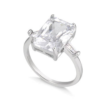 Anel maxi retângulo cristal com banho de ródio branco