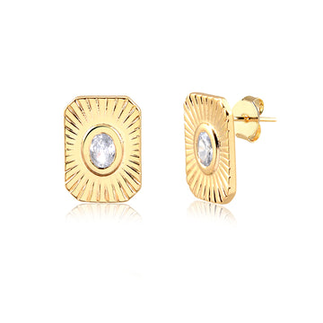 Brinco retangular com oval cristal com banho de ouro 18k