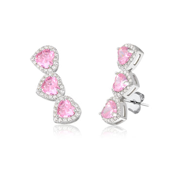 Brinco ear cuff corações rosa entorno cravejado em ródio branco