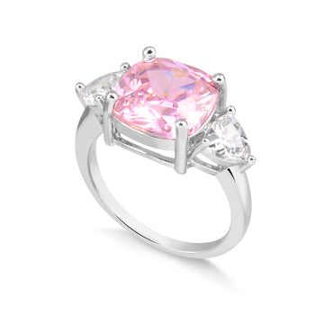 Anel quadrado rosa e triângulo cristal com banho de ródio branco