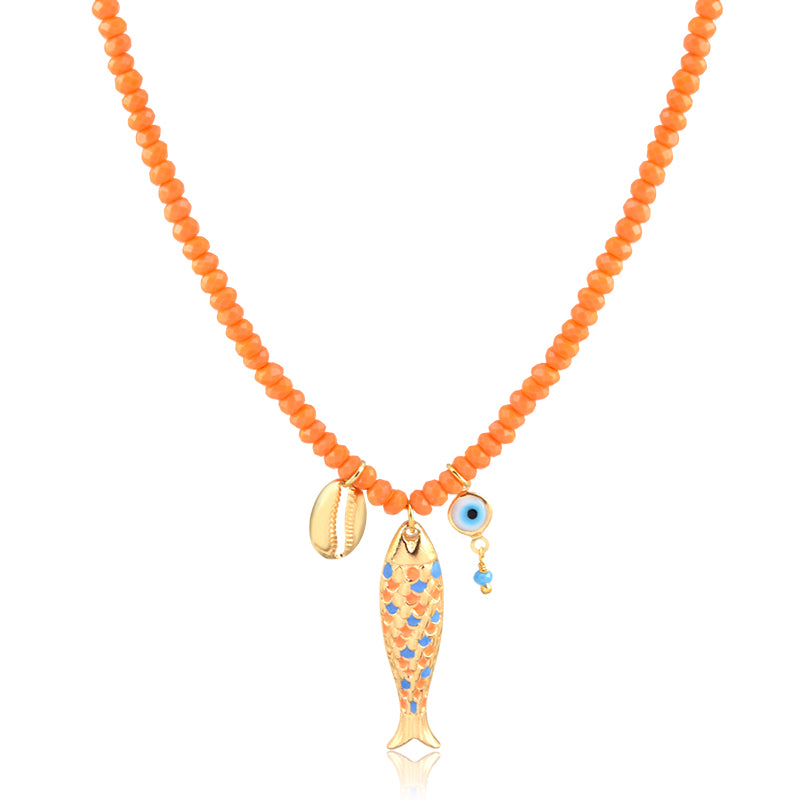 Colar choker cristais laranja peixe resinado olho grego e buzio com banho de ouro 18k