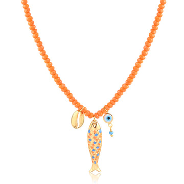 Colar choker cristais laranja peixe resinado olho grego e buzio com banho de ouro 18k