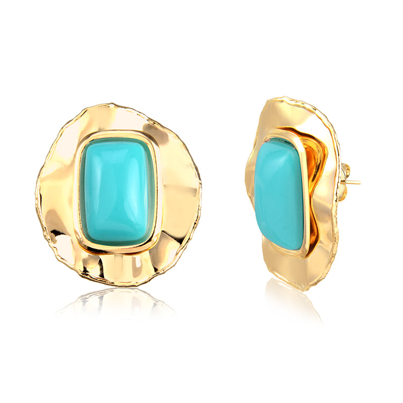 Brinco maxi oval orgânico com retangulo turquesa e banho de ouro 18k