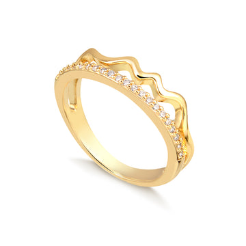 Anel duplo com linha cravejada e zig zag liso com banho de ouro 18k