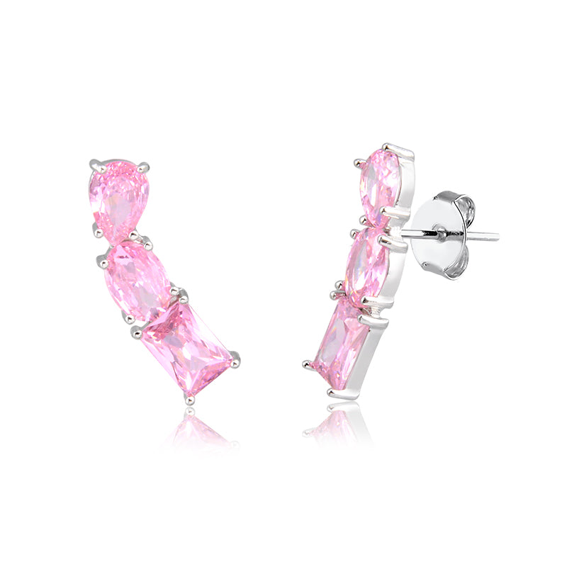 Brinco ear cuff  gota retângulo e oval com zircônia na cor rosa e banho de ródio branco