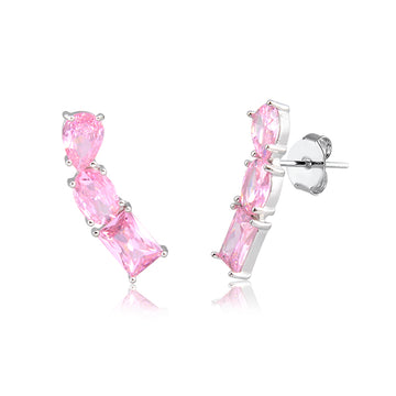 Brinco ear cuff  gota retângulo e oval com zircônia na cor rosa e banho de ródio branco